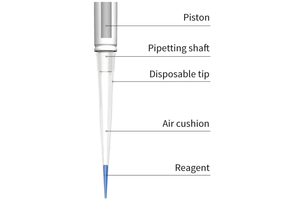 Micropipette diagram showing labeled components—piston, pipetting shaft, disposable tip, air cushion, and reagent.