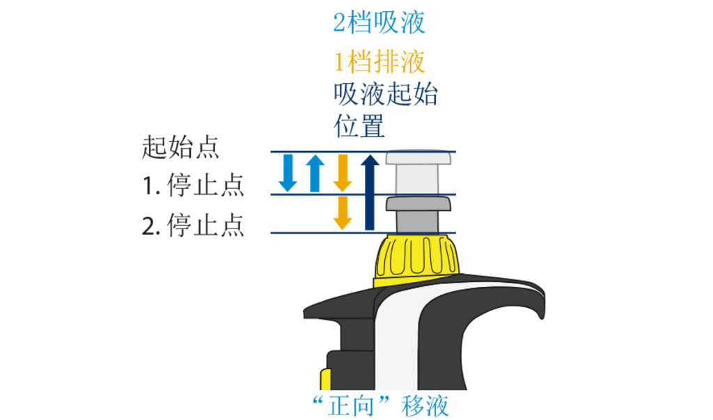 Transferpette 移液器示意图，显示起始位置以及第一档和第二档停位，并用箭头标示正向移液时的吸液和排液动作。